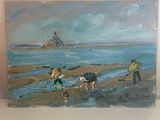 tableau représentant deux canards sur une plage au bord d'un plan d'eau