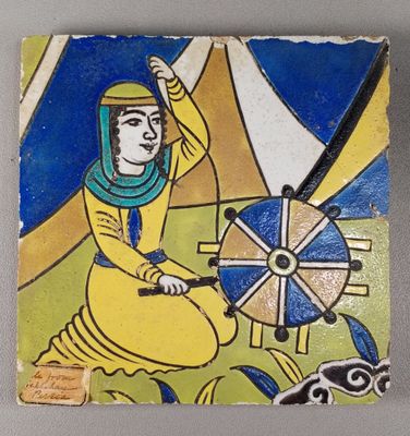 tableau représentant une femme en robe jaune assise sur un carrelage bleu et jaune