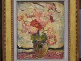 a painting of flowers in a vase on a table