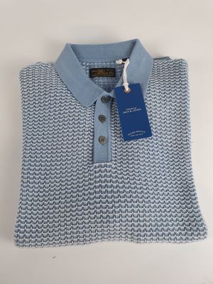 a polo shirt with a blue and white pattern on the collar