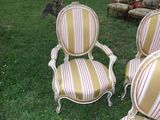 pair of striped chairs in the grass with a cat in the background