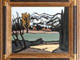 une peinture à l'huile représentant un paysage avec des arbres et des montagnes en arrière-plan