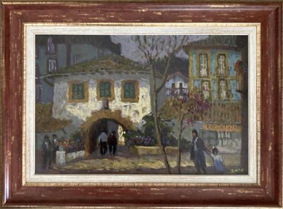 tableau représentant un couple marchant dans une rue devant un immeuble