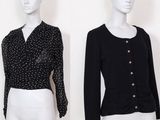 paire de mannequins portant des blouses à pois noirs et blancs