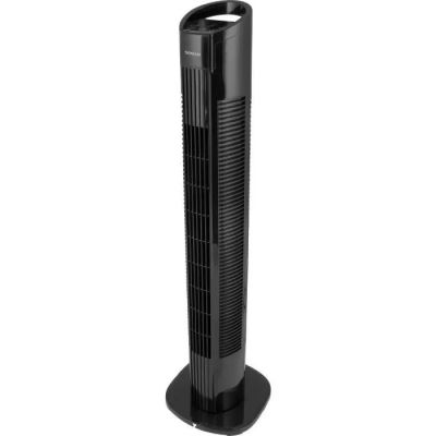 un ventilateur de tour noir posé sur un support métallique