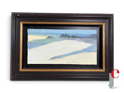 peinture à l'huile encadrée représentant une scène de plage avec des dunes de sable et un ciel bleu