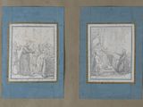 deux dessins représentant un homme et une femme debout devant un immeuble