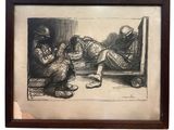 drawing of a man sitting on a bench next to another man in a chair