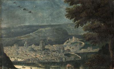 peinture d'une vue d'une ville avec une rivière et un pont au premier plan