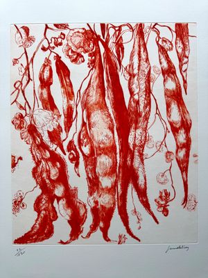 une image représentant un dessin rouge d'un morceau de viande suspendu à un arbre