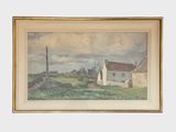 une image représentant une peinture d'une ferme avec une maison en arrière-plan