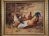 un tableau représentant des poules et des coqs en train de manger dans un bol