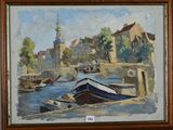 an oil painting of boats in a harbor with a church in the background
