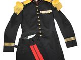 a black uniform with gold trims and a red stripe