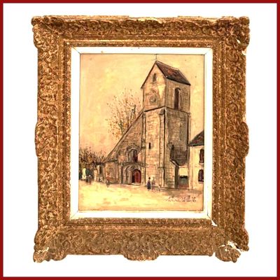 tableau représentant une église avec un clocher, dans un cadre doré