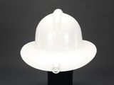 a close up of a white hard hat on a black base