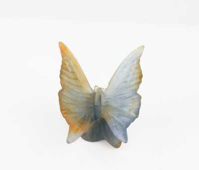 a small blue and yellow butterfly on a white surface