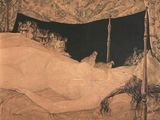 un dessin représentant une femme allongée dans un lit avec un chien