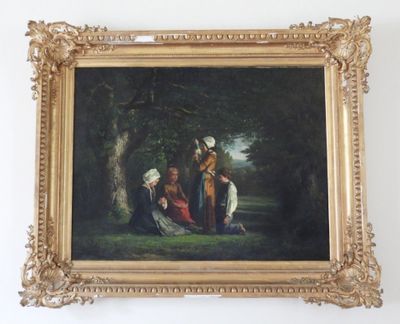 une peinture représentant un groupe de personnes assises sous un arbre