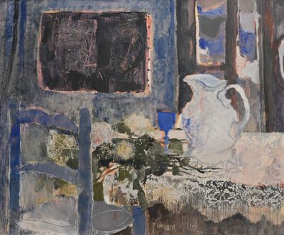 a painting of a table with a vase of flowers on it