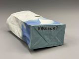 a blue and white box that has a label on it
