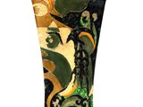 a green vase with a bird on it on a white background