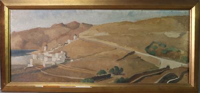 une image d'un tableau représentant un village sur une colline