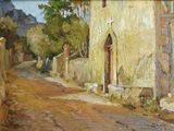 une peinture représentant une rue avec un immeuble sur le côté