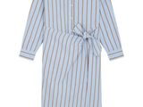 a white and blue striped shirt dress with a tie around the waist