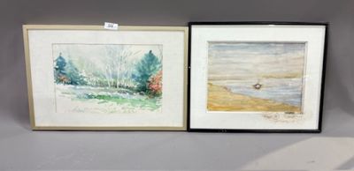 C DUCHETRIE - Deux aquarelles Vue d'un champs et Barque écho…