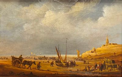 an oil painting of a beach scene with people on the sand