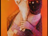 a painting of a woman holding a goat in her arms