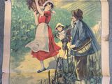 une affiche représentant une femme portant un panier de fleurs