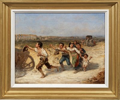 an image of a painting of a group of children playing in the sand
