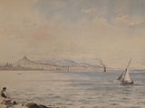 a watercolor painting of a sailboat on the water