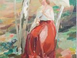 un tableau représentant une femme avec un parapluie dans les bois