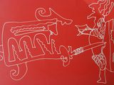 dessin représentant un homme et une femme sur un mur rouge, avec un fond rouge