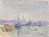 une image représentant un tableau où l'on voit des bateaux sur un plan d'eau, avec une ville en arrière-plan