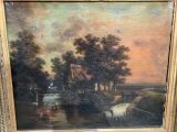 an oil painting of a river scene with a house in the distance