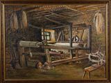une peinture à l'huile représentant un homme travaillant sur un métier à tisser dans un atelier