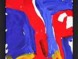 painting of a red, blue and yellow abstract painting with a black frame