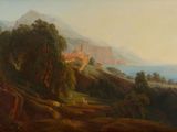 tableau représentant une vue d'une ville située sur une colline, avec un lac en arrière-plan