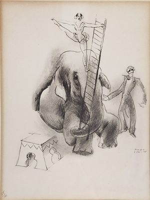 drawing of a man standing on an elephant with a man on a ladder