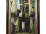 a painting of an old building with a man walking through it