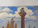 a painting on the wall of a building with a statue on top of it