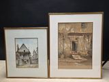 two framed paintings of a building and a church