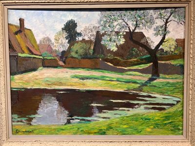 une image représentant un tableau d'un village avec un étang au premier plan