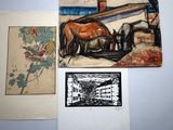 three paintings of horses and a bird on a table