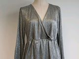 the dress is silver and has long sleeves and a v - neck