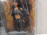 a doll in a plastic case with a picture of a woman in a leather outfit